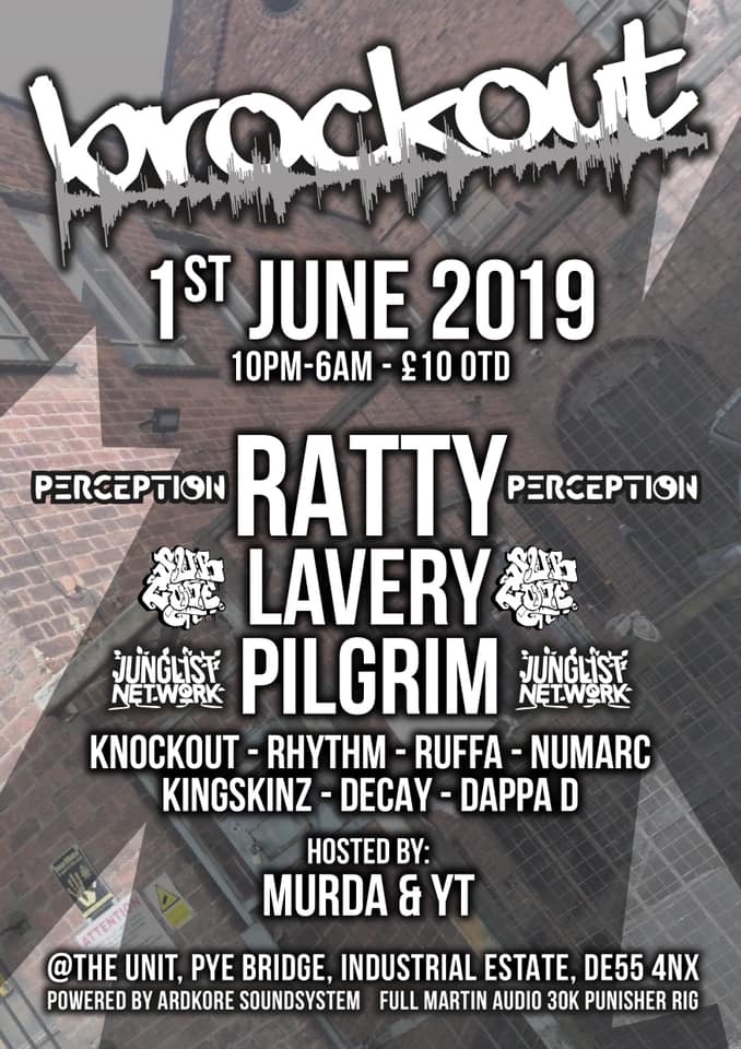 Flyer for the next Junglesoundz Promotions event: brockout on June, 1st, 2019.