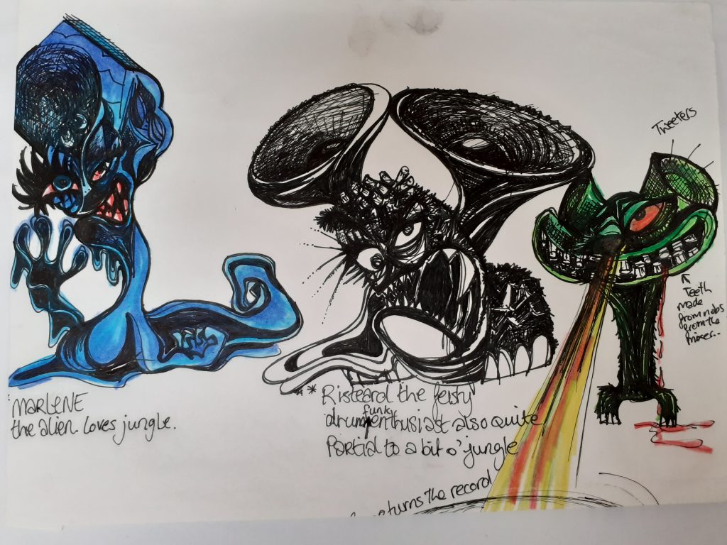 Bustle beats concept art depicting three aliens.